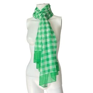 NEW Talbots Scarf Green White Gingham Plaid Silk Cotton Lightweight Sheer